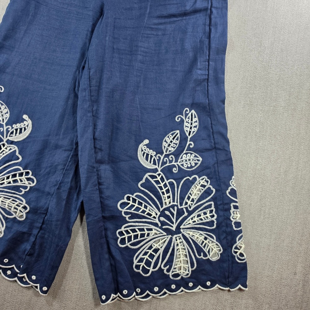 Christian Siriano Pants Womens Medium Blue Linen Blend Embroidered Eyelet Crop - Picture 13 of 16